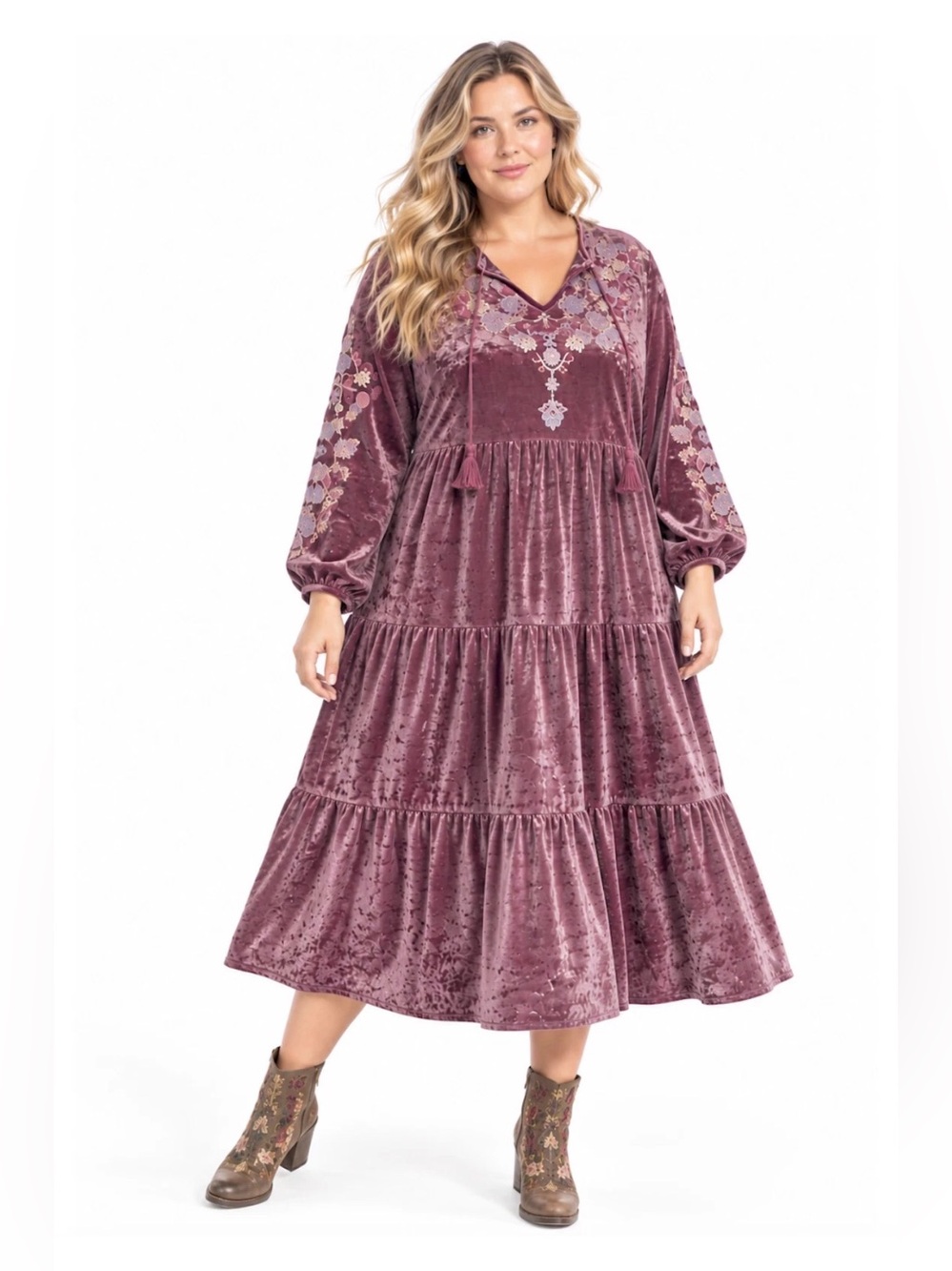 Pyramid Collection Embroidered Velour Dress 1X Dusty Mauve Purple Boho NWOT